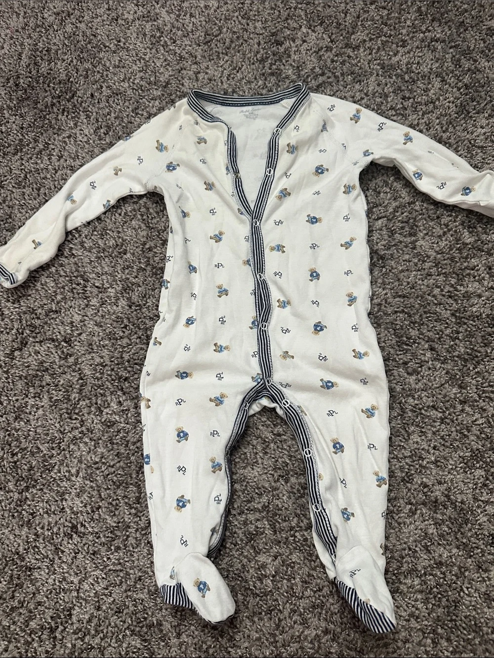 Ralph Lauren Cream Footed One-Piece with Navy Trim and Printed Motifs